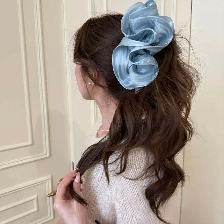 超大号流光少女～木耳褶皱香蕉夹显脸小百搭发饰高级感网纱发饰商品图