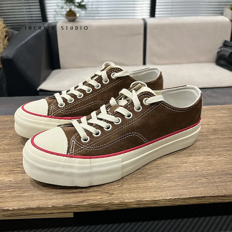 日系磨砂牛反绒皮软木中底男士硫化休闲鞋男女厚底复古皮质帆布鞋