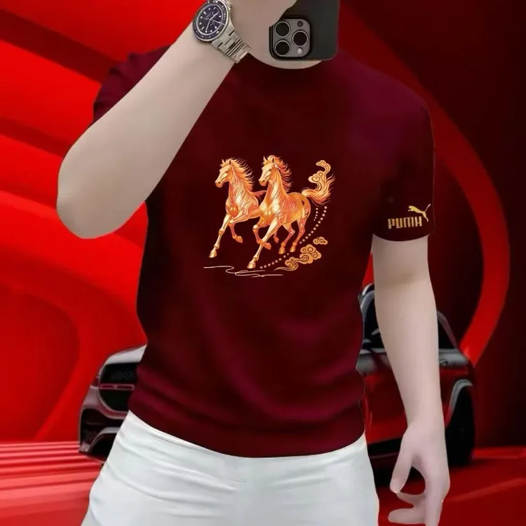 马年爆款纯棉骏马印花短袖T恤半袖男士本命年红色高级感体恤上衣