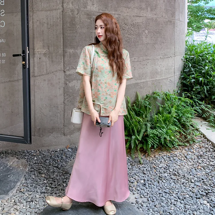新中式国风套装裙女夏季2025新款提花短袖上衣冰莓粉半身裙两件套
