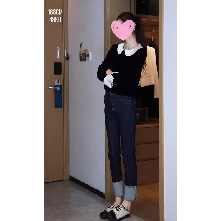 法式小香风时髦娃娃领衬衫女秋季美式港风时髦复古牛仔裤女两件套