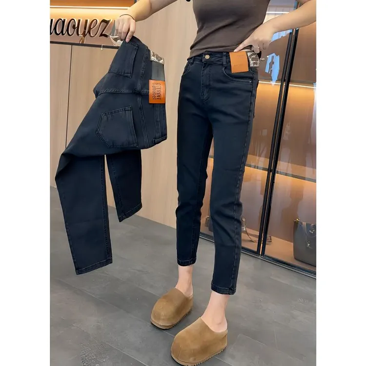 黑灰色百搭高腰弹力直筒牛仔裤秋新款梨形身材大码显瘦九分烟管裤