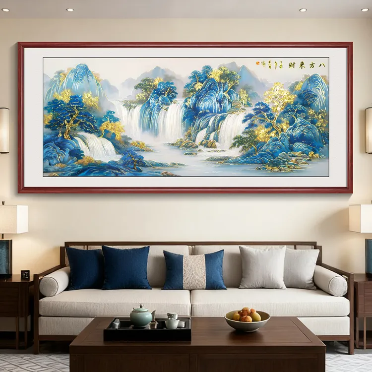 浮雕描金 八方来财2 新中式山水画客厅装饰画沙发背景墙挂画