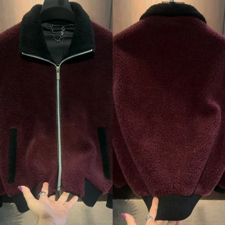 冬季新款男士立领羊毛时尚潮流新年安哥拉红色夹克