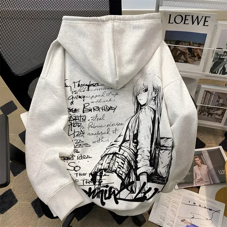 重磅500克加绒加厚连帽卫衣宽松秋冬季日系复古人物男女同款男装Z