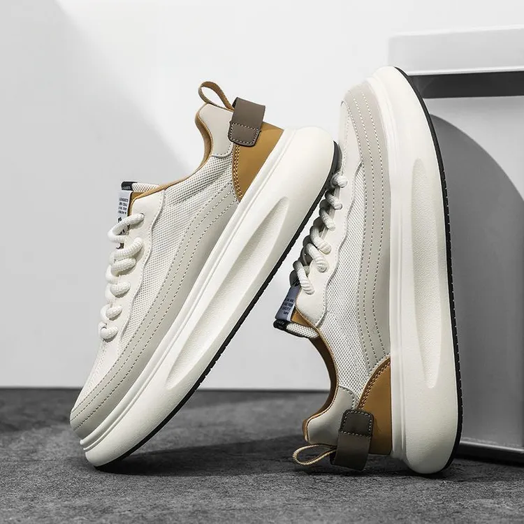 隐形内增高男鞋夏季新款网面透气休闲鞋面包板鞋白厚底运动老爹鞋