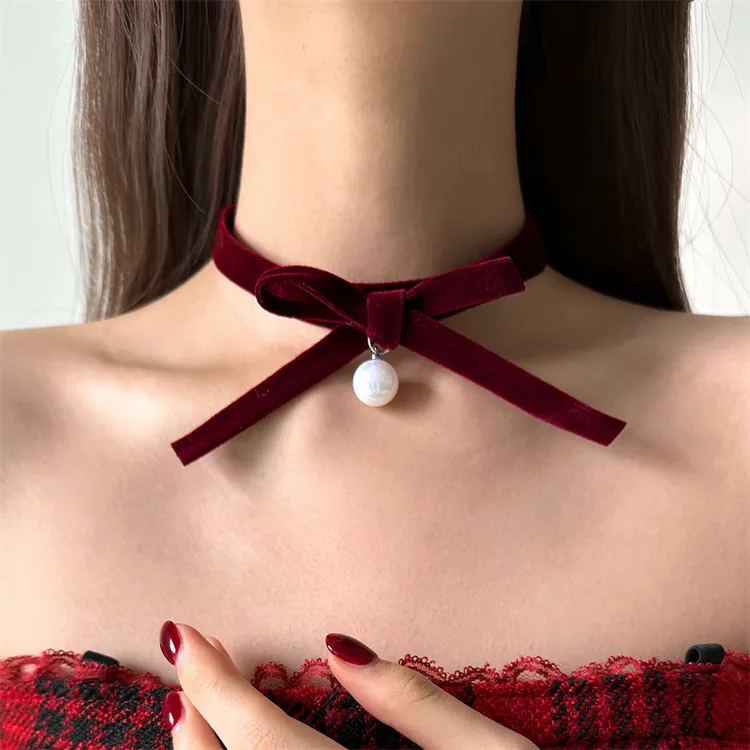 非金属布艺项链 X6179-1甜美秋冬红色丝绒蝴蝶结choker项链气质