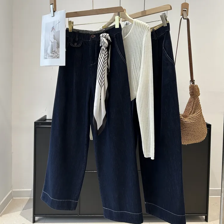 高腰撞色腰头牛仔裤女设计感通勤时尚直筒长裤秋季新款