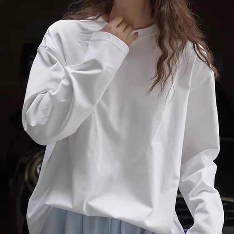 春秋季重磅纯棉平口袖长袖T恤男女上衣高级感男装情侣内搭打底衫