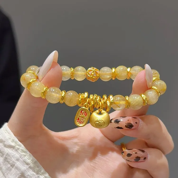 铜合金手链 小胖福花珠手链女款纳福吊坠新中式轻奢串珠手串百搭