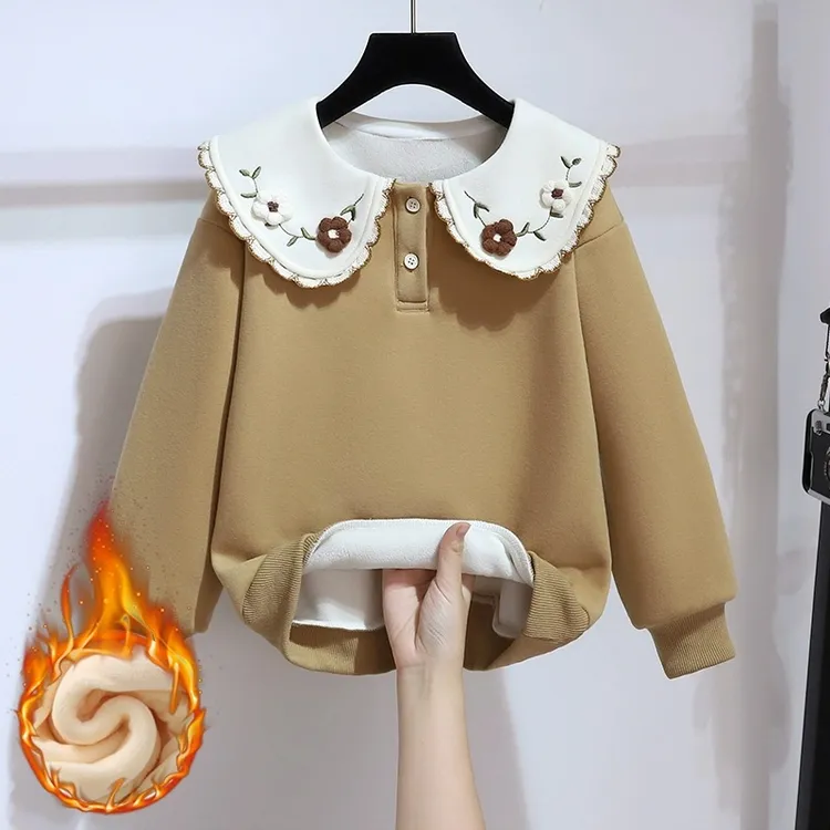 女童卫衣冬季新款时髦网红中大童加绒保暖衣服秋冬女孩娃娃领上衣