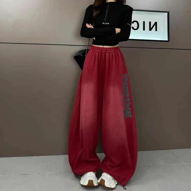 美式街头拽步舞运动裤男女同款重工水洗复古印花宽松阔腿两穿卫裤