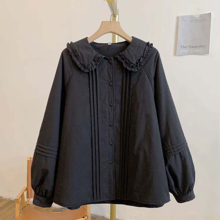 黑化Y4004夹棉风琴褶木耳边全开扣娃娃领棉衬衫