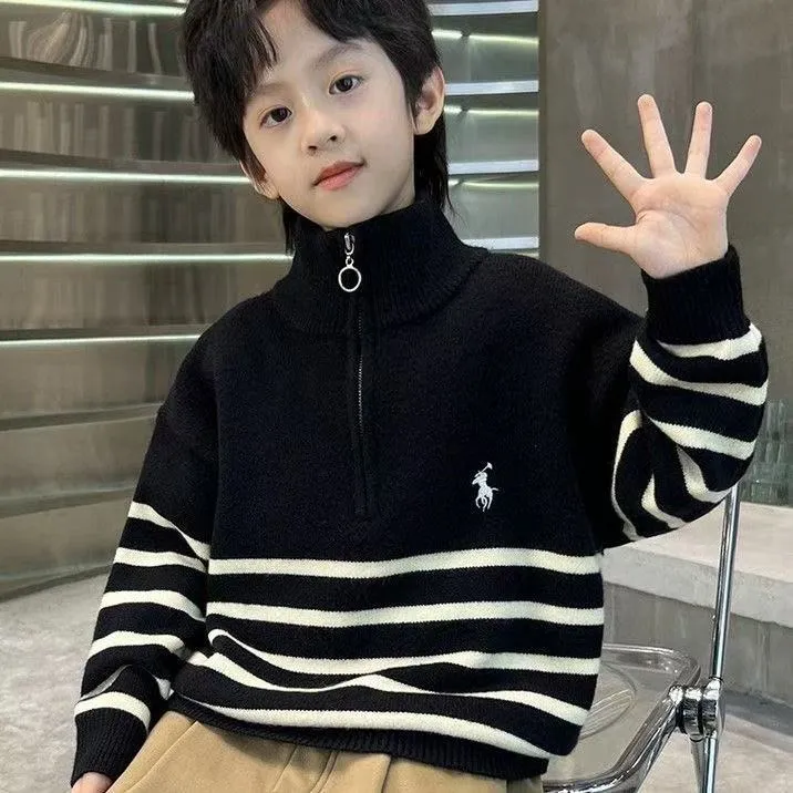 男童针织毛衣2025春秋新品抗起球条纹中大童高领毛衣外穿儿童洋气