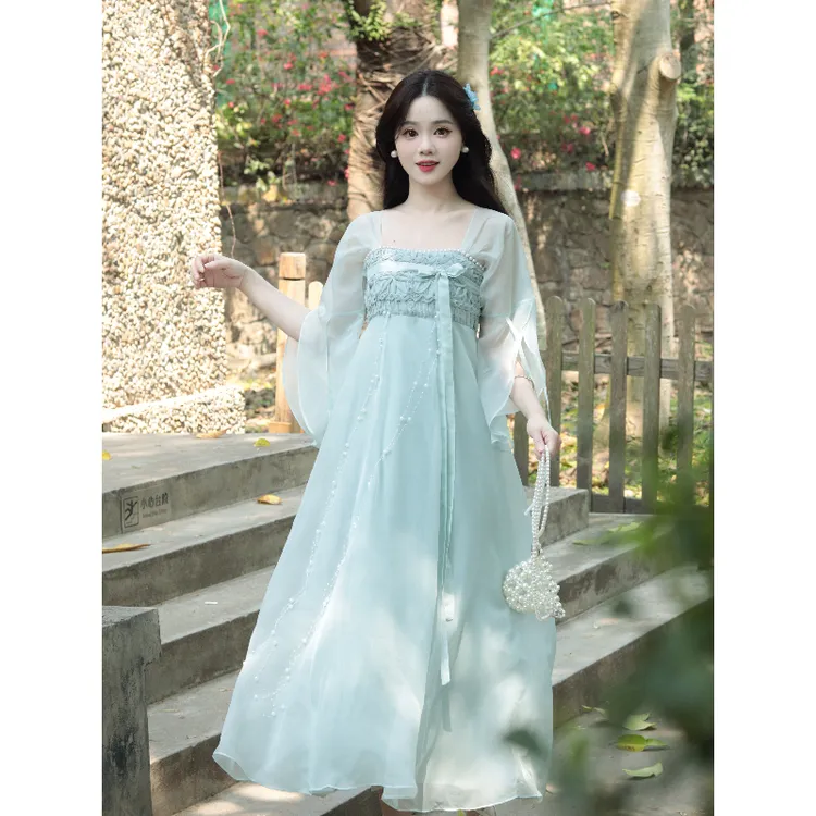 瑶西【沐青池】裙子五一出游汉服新中式初夏穿搭蓝色印花连衣裙