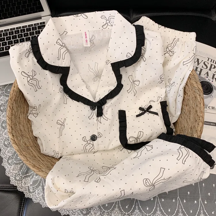 【长袖云朵细纱绵】春秋可爱卡通小狗睡衣套装女韩版家居服套装