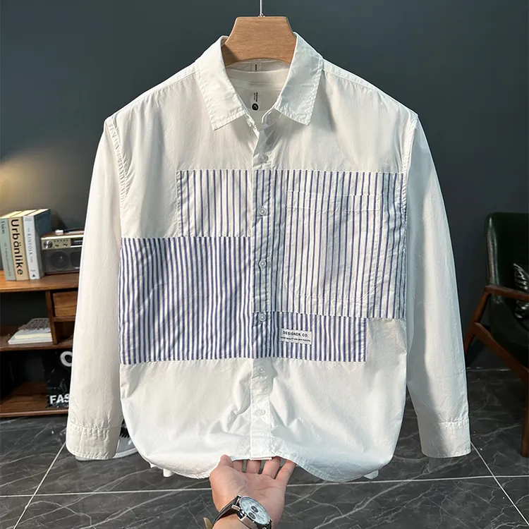 轻奢日系拼接条纹长袖衬衫男士秋季新款时尚百搭文艺休闲宽松衬衣