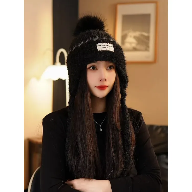 大头围护耳毛线帽女2025秋冬加厚保暖防寒毛绒针织帽子显脸小
