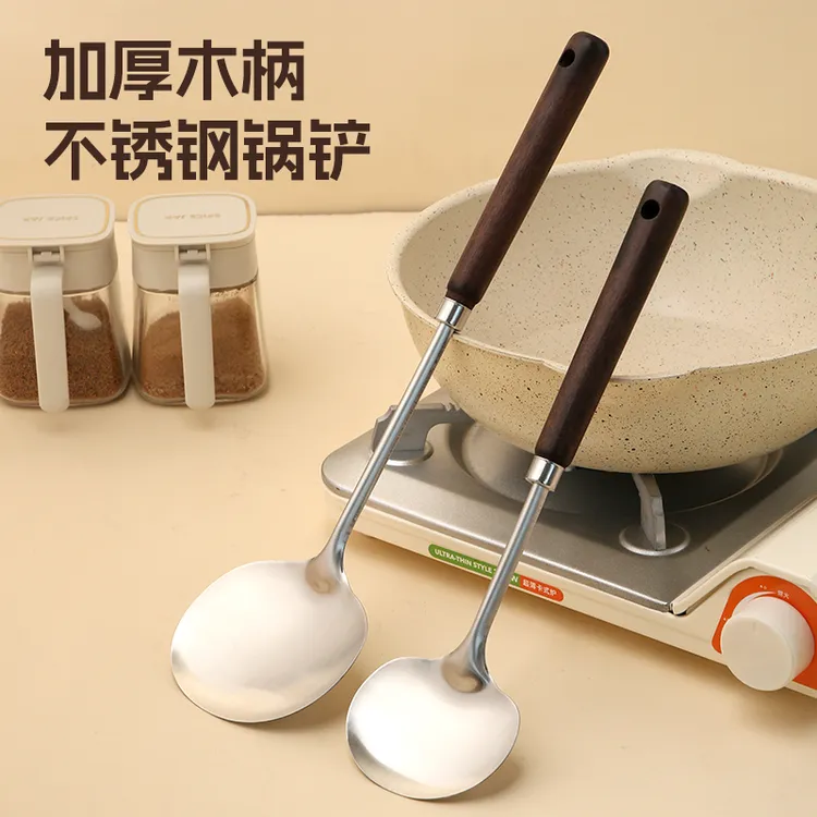 木柄不锈钢蘑菇铲大小号家用厨房长柄防滑锅铲炒勺铁铲炒菜不粘锅