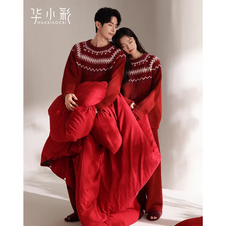 半边绒情侣睡衣秋冬季红色结婚新婚套装女冬天保暖珊瑚绒家居服男