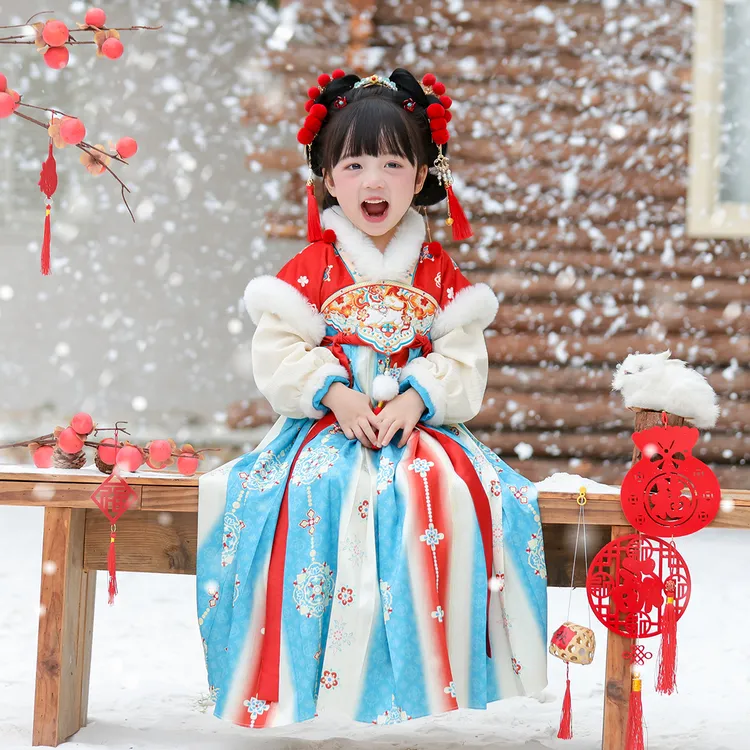 古月家.木瑾 汉服女童冬款儿童国风仙气加绒连衣裙小女孩表演襦裙
