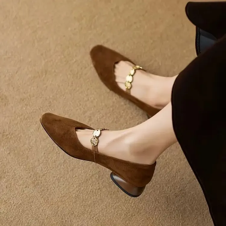 真皮方头金币链玛丽珍鞋女2025新款复古法式舒适百搭低跟粗跟单鞋