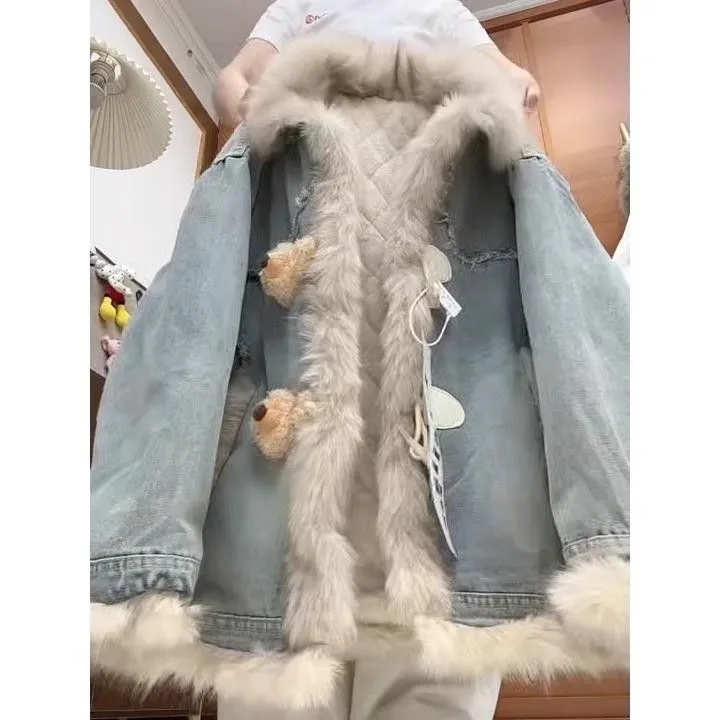 原创覆古个性大毛毛小熊设计感牛仔加绒加厚外套女秋冬宽松上衣潮