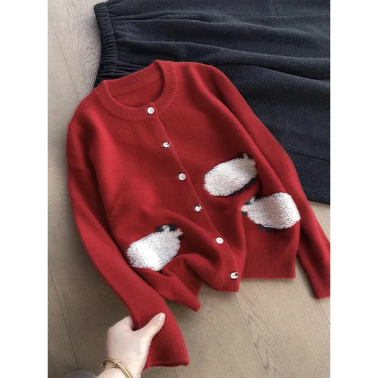 W1007【丹姐家~三羊开泰】100%羊毛！不可机洗！新年红韩系针织开衫