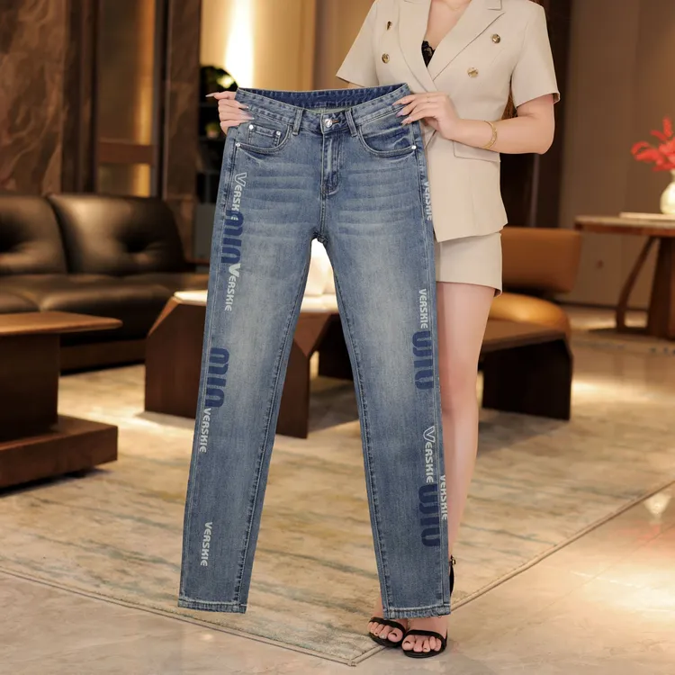 高端秋冬男士时尚弹力修身小脚印花洗水牛仔裤百搭欧货