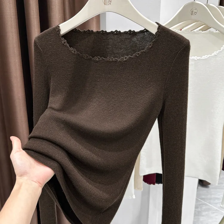 咖色手勾花边圆领T恤上衣女气质百搭长袖打底小衫秋冬新款针织衫