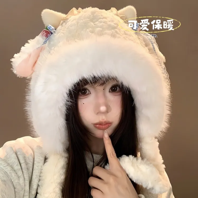 可爱蝴蝶结小羊毛绒帽女冬季新款耳朵会动帽子加绒加厚保暖雷锋帽