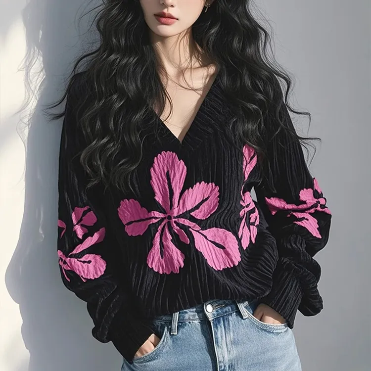 （现货）2025年春秋款复古时尚高级独特衬衫黑色v领灯芯绒印花卫衣