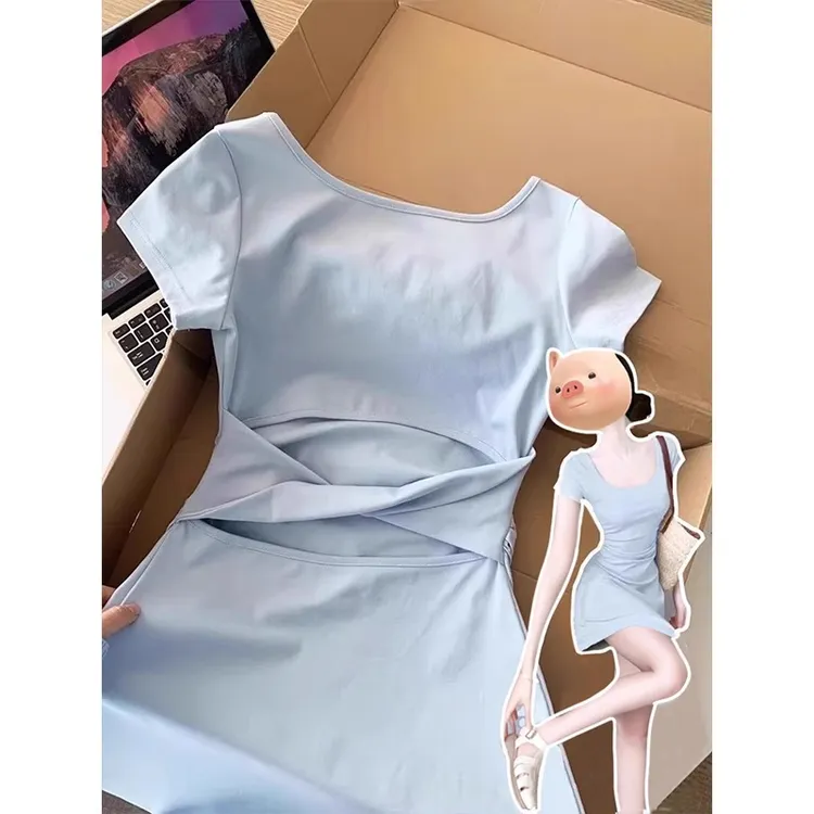 蓝色连衣裙女夏日绝美小裙子收腰a字多巴胺微胖掐腰包臀短裙初夏