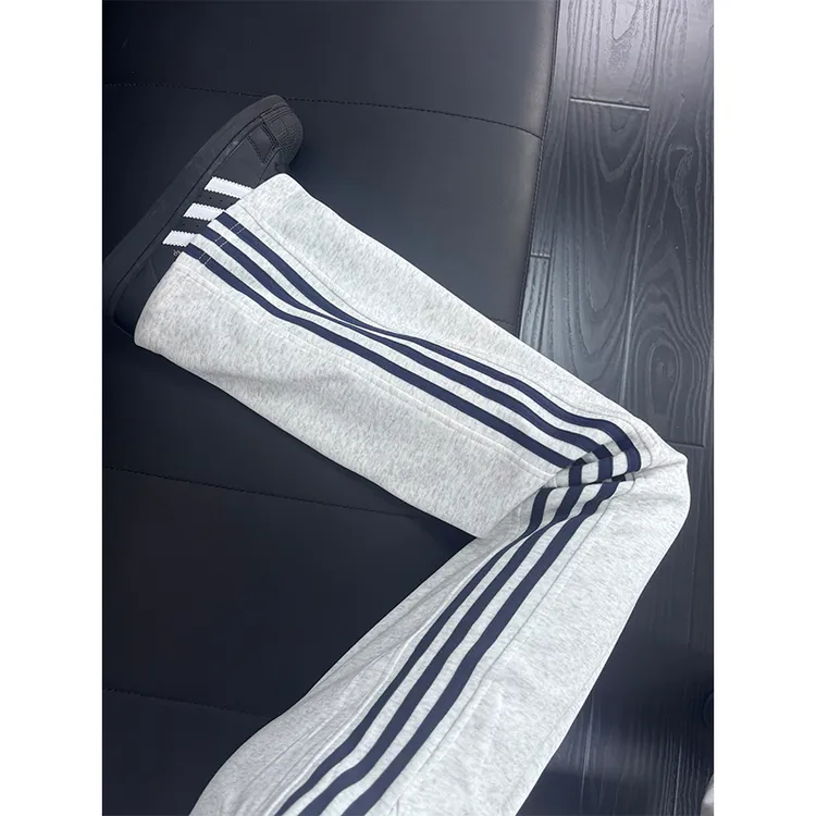 白花灰色三条杠裤子男夏季宽松直筒运动卫裤高腰重磅条纹休闲长裤