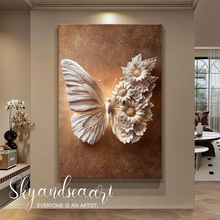 中古风蝴蝶入户玄关装饰画立体浮雕肌理感客厅挂画走廊过道墙壁画