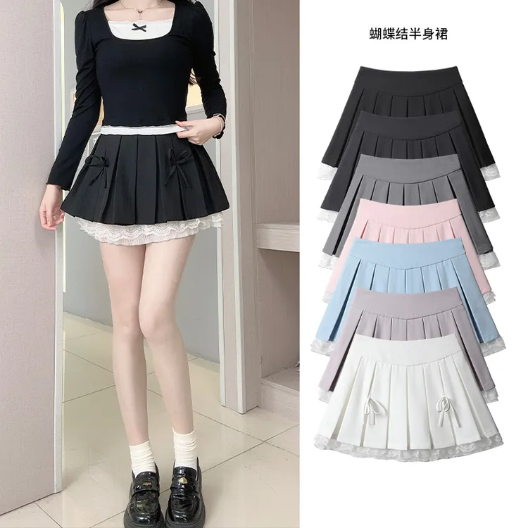 设计感百褶裙女夏小个子灰色蕾丝花边拼接小众辣妹a字短裙半身裙