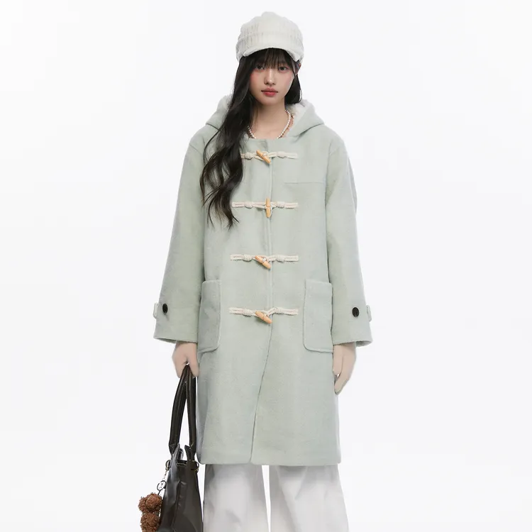 KingPrince薄荷绿牛角扣羊羔毛毛呢夹棉大衣秋冬厚外套女秋冬