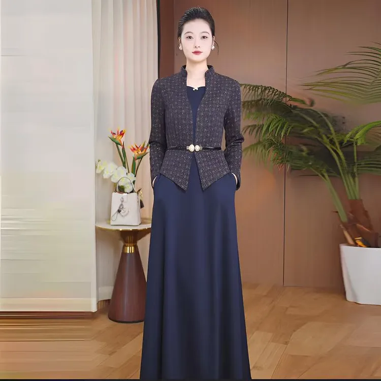 2025新款秋冬显白收腰修身时尚连衣裙显瘦妈妈装长袖假两件