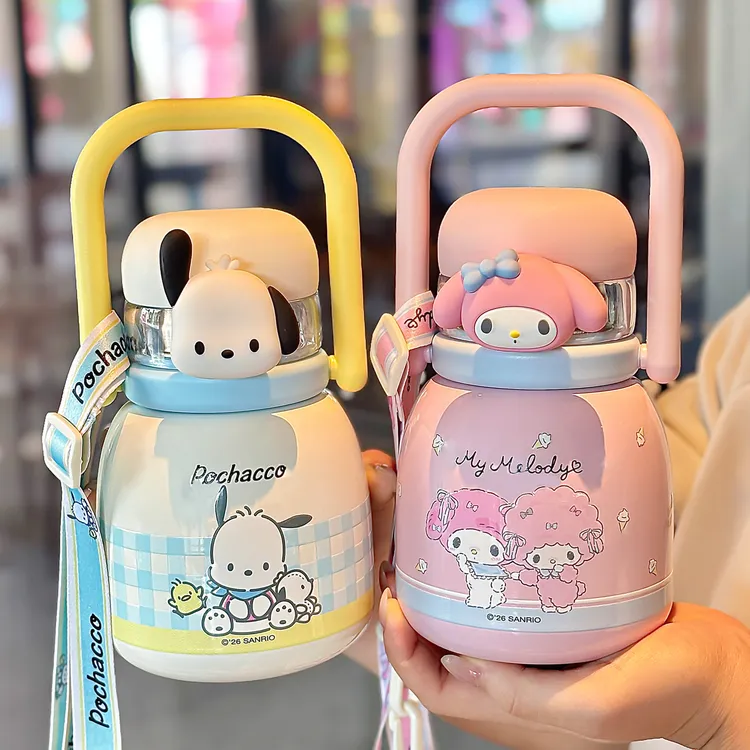 三丽鸥家族系列卡通公仔保温杯可调节杯绳便携独立杯盖双饮水杯