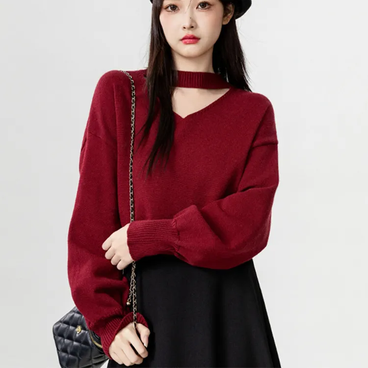 黑色挂脖v领毛衣女秋冬2025秋新款内搭打底防走光衫长袖针织衫外