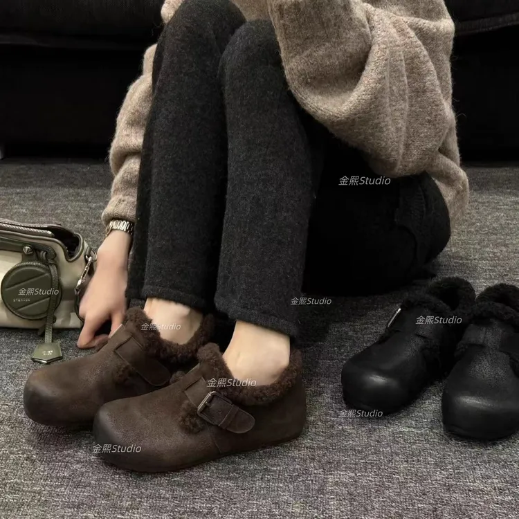 自留版~现货尤加利2025冬季加绒复古百搭平底一脚蹬加棉勃肯鞋