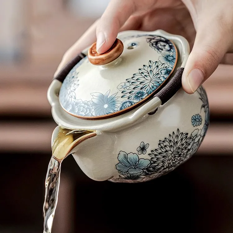 青花汝窑陶瓷手抓壶盖碗茶杯单个高档泡茶壶防烫带盖家用功夫茶具