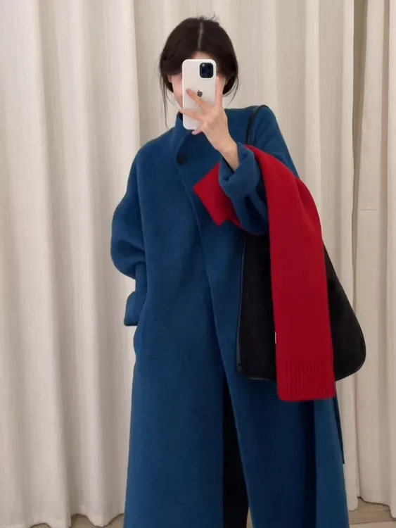 2025秋冬新款韩系克莱因蓝色大衣小个子穿搭翻领中长款毛呢外套女