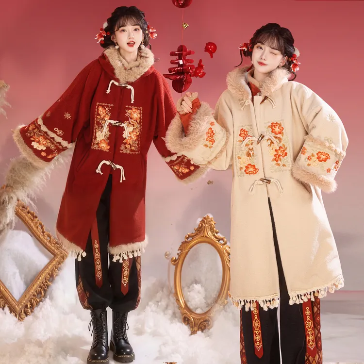  觅锦原创【栗禧】厚款明制加绒绣花冬季汉服拜年服带兜长款日常