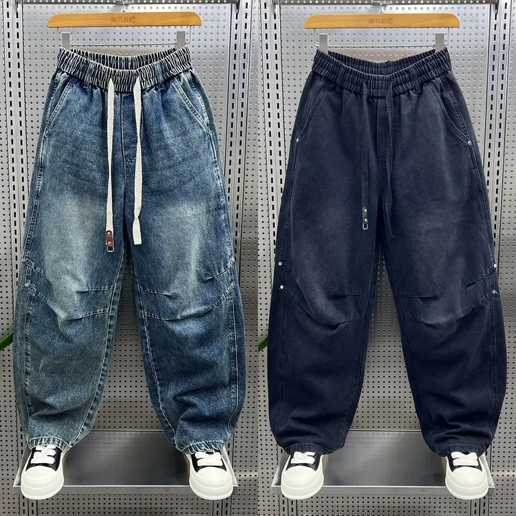 美式潮流痞帅直筒水洗牛仔裤男士2025秋季新款抽绳宽松休闲阔腿裤