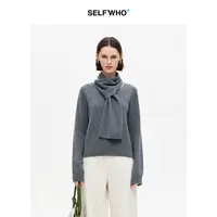 SELFWHO100%绵羊毛经典围巾领毛衣女2025冬新款宽松H型保暖针织衫