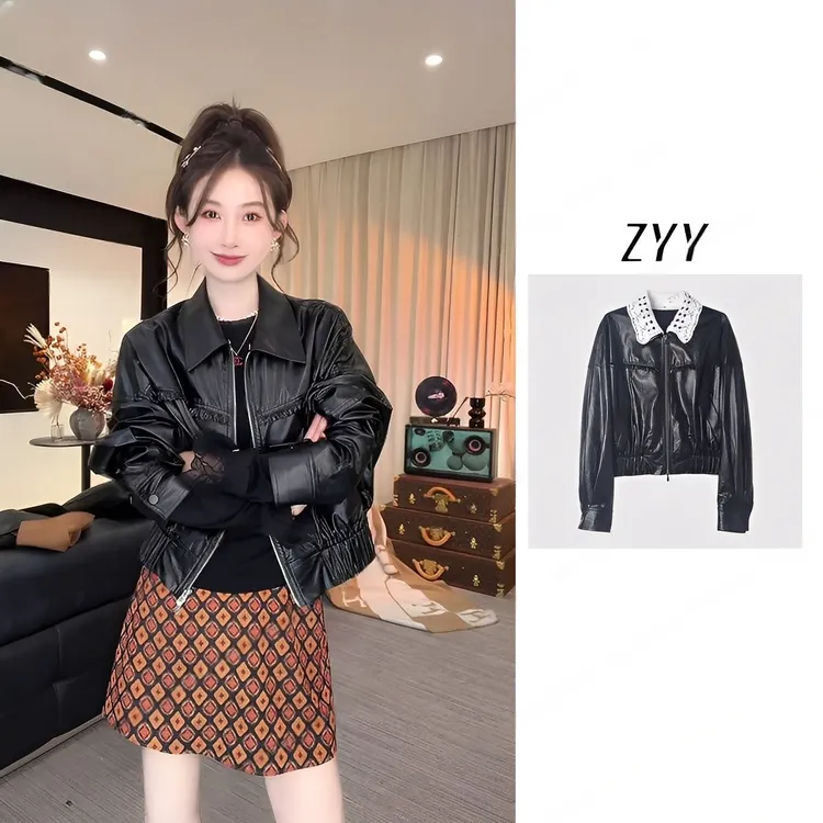ZYY【黑骑士】2025/S新品木耳边拼接斜插袋皮衣外套女X25QZPPY02716