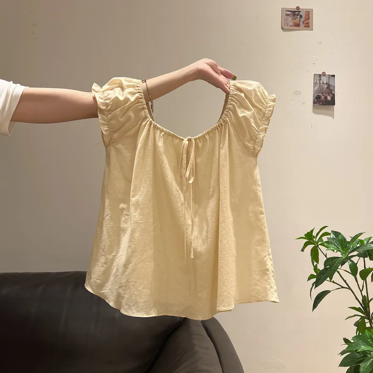 性感风木耳边设计感u领短袖T恤女夏季新款宽松显瘦松弛感短款上衣