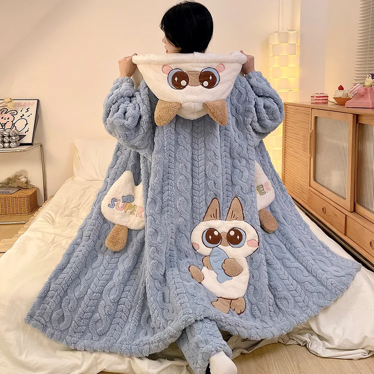 珊瑚绒睡衣女款秋冬季加厚加绒法兰绒卡通小猫吃鱼家居服套装睡袍