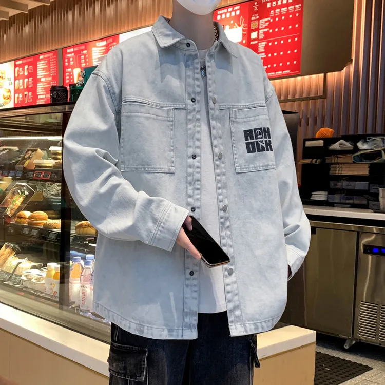 春秋新款美式潮流宽松休闲翻领开衫外套男生百搭秋款上衣牛仔夹克
